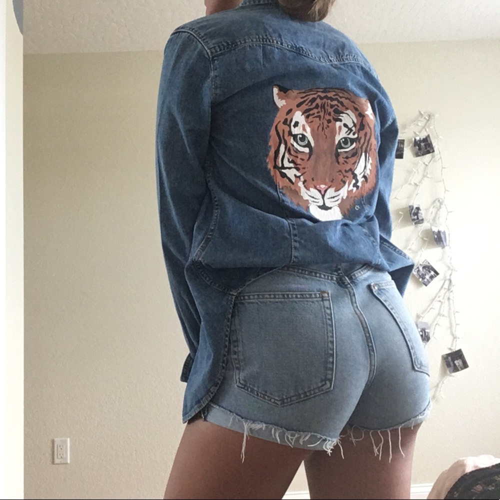 Custom Painted Tiger Jean Shirt Jacket - Picture 2 of 8